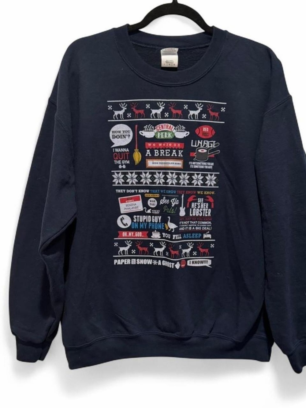 Friends themed Navy Crewneck Sweatshirt with Multicolor Graphic Large